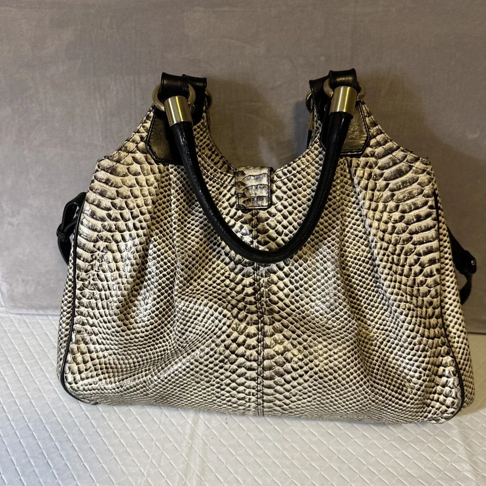 Brahmin Large Elisa Hobo Bag Black/White Snake Embossed Leather Shoulder Purse